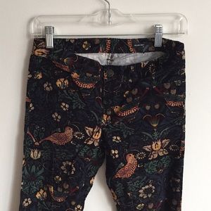 Skinny leg corduroy pants, bird floral pattern